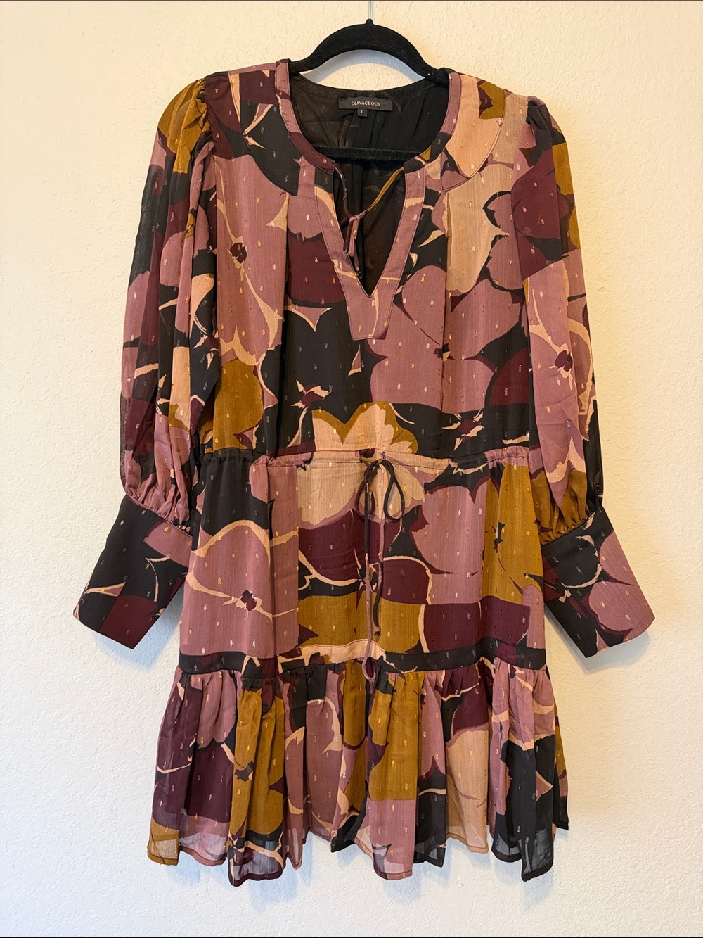 Olivaceous Pink, Mustard & Black Floral Tiered Drawstring Mini Dress